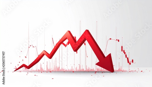 A declining red graph line with a falling arrow indicates a significant decrease in business performance on a white background.