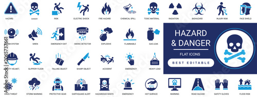 Fotografía Hazard and danger solid icon set featuring warning alert sign, industrial risk safety caution, toxic high voltage, and security editable vector icons