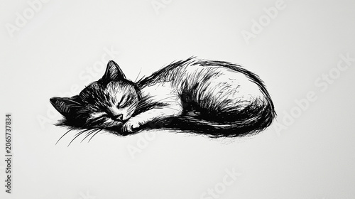 Curled sleeping cat ink sketch on white paper during quiet time indoors