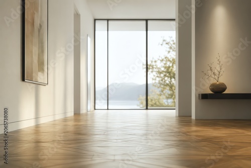 Empty modern living room with window, wooden floor and open space interior design