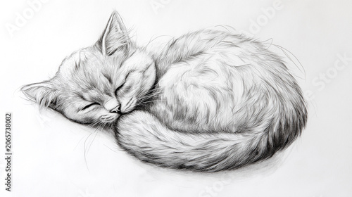 Elegant ink sketch of a curled sleeping cat shows a soft scene on a white background with fine details of fur and position