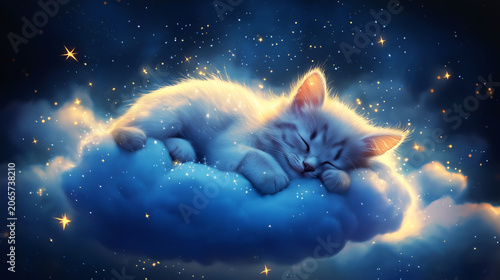Cloud-shaped cat sleeps in soft clouds under a starry sky during night hours