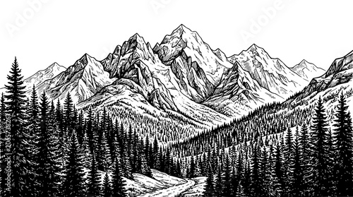 Monochrome Mountain Landscape Vector Illustration with Snow-Capped Peaks and Pine Forest in Minimal Nature Scene