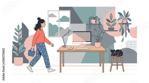 Modern Flat Illustration of a Woman Entering Her Home Office Workspace