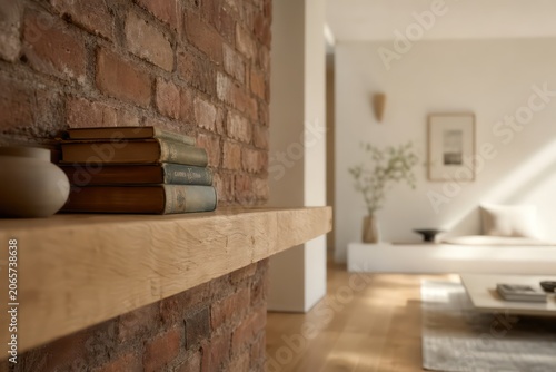 Modern living room interior with fireplace, sofa, chairs, wooden furniture, large window and contemporary cozy home design