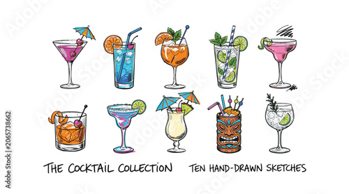 Hand-Drawn Sketch Collection of Ten Classic Cocktails and Drinks