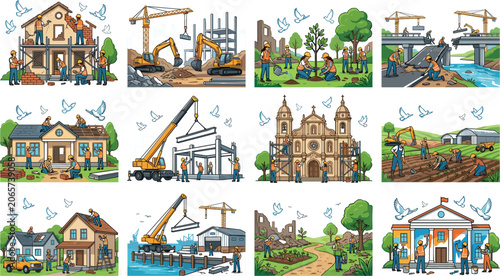 Foto Post War City Reconstruction and Community Infrastructure Rebuilding Vector Illu