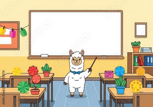 Cute llama teacher standing in a classroom