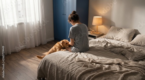 Morning bedroom reset with support dog easing adult anxiety at home