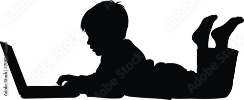 Child Using Laptop Computer Black Silhouette boy