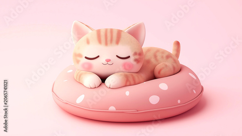 Sleeping tabby cat rests on a round pillow in a soft room during the day while sunlight shines gently