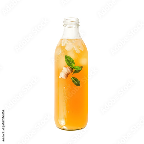 Refreshing kombucha fermented tea with bubbles, fruit flavor, and a glass bottle.