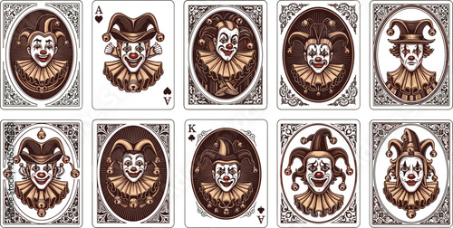 Vintage Ornate Playing Cards Set Featuring Creepy Jester Jokers and Clowns with Intricate Engraving Borders for Gothic Circus and Retro Game Designs