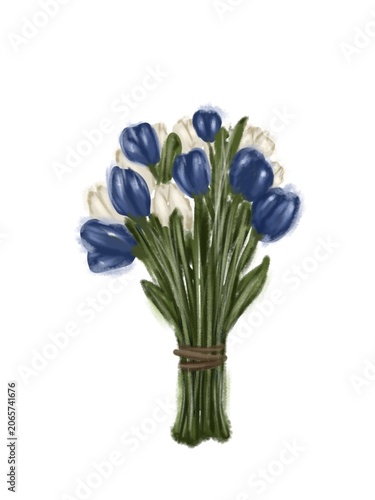 Elegant watercolor blue tulip floral bouquet illustration for romantic wedding card decoration