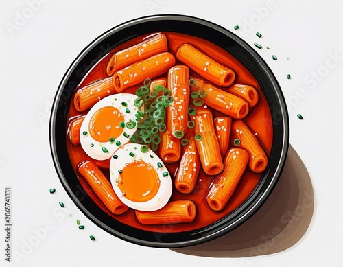 tokbokki korean traditional food on black bowl top view with white background generative ai technology