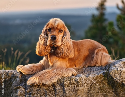 american cocker spaniel resting on rock outside