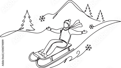 Sled, sleigh one line art. Continuous line drawing of sport, winter, snow, activity, board, mountains, hill, game, vacation. one line Icon drawing