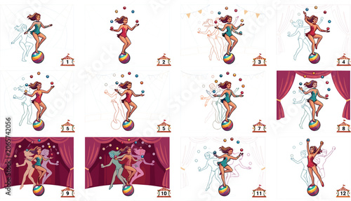 Foto Circus Juggler Showgirl Performance Vector Illustration Set Featuring Female Acr