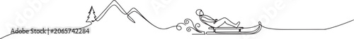 Sled, sleigh one line art. Continuous line drawing of sport, winter, snow, activity, board, mountains, hill, game, vacation. one line Icon drawing