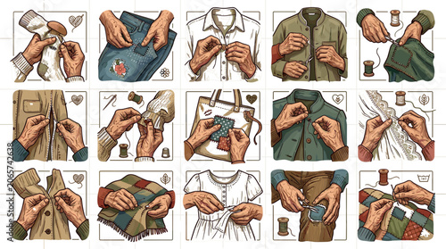 Obraz na płótnie Handmade Clothing Repair and Sashiko Mending Process Vector Icon Set Showing Han