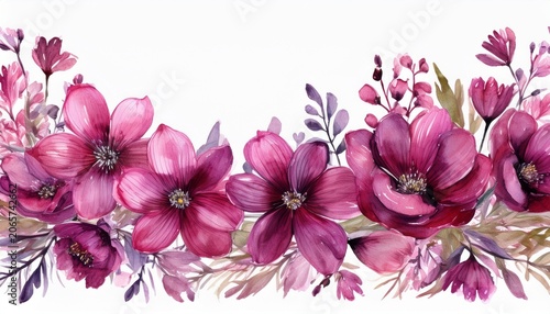 watercolor border of dark pink flowers