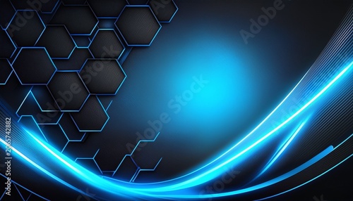 banner design with modern abstract theme with hexagonal texture and abstract blue lines like lights