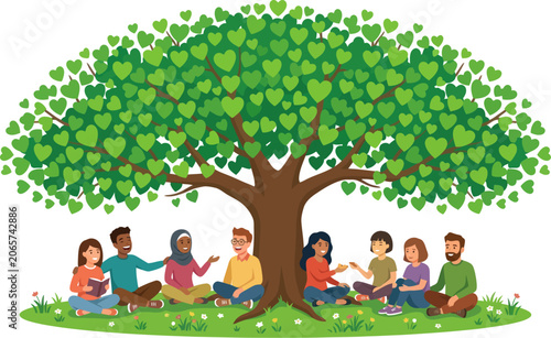 Diverse group of people sitting under a tree with heart shaped leaves