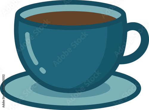 Teal coffee cup and saucer on with brown liquid