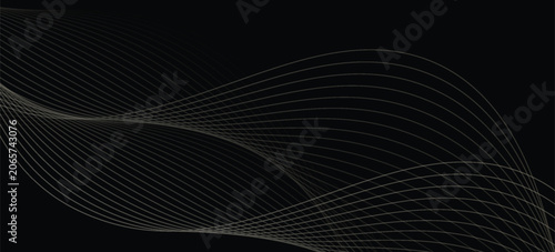 Abstract vector wavy lines flowing smooth curve gold gradient color on black background in concept of luxury, technology, science, music, modern.