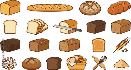Photos Assorted bakery bread vector set with whole loaf baguette sliced toast rye grain