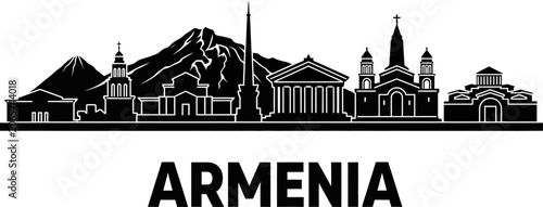 Armenia skyline silhouette with mountain backdrop and bold country name