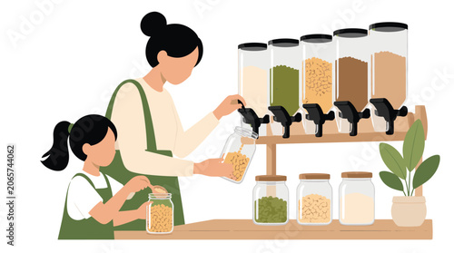Mother and daughter in kitchen with jars and dispensers.