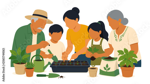 Family group cooking barbecue on outdoor grill together.