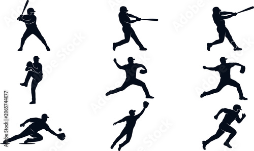 Bild auf Leinwand Baseball Player Silhouette Vector Set Featuring Batter Pitcher and Fielder Icons