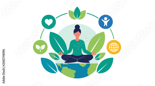 Meditating Person Surrounded by Leaves and Earth Globe.