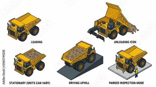 Quadro em tela Set of isometric mining dump trucks in various operational modes.