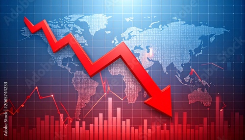 A declining red graph line with arrow points down on a world map background with bar charts.