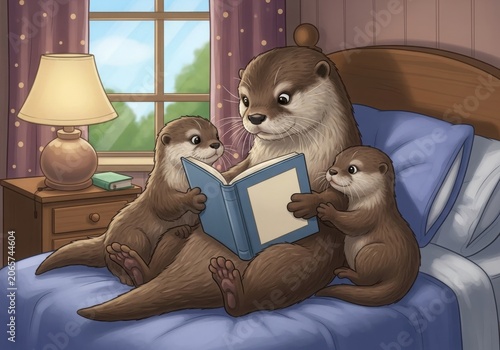 An adorable mother otter reading a storybook to her two cute pups while sitting together on a cozy bed in a warm, sunlit bedroom setting