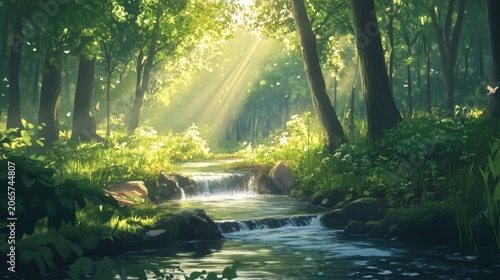 A gentle stream flowing through a lush green forest, with sunlight filtering through the trees and reflecting off the water