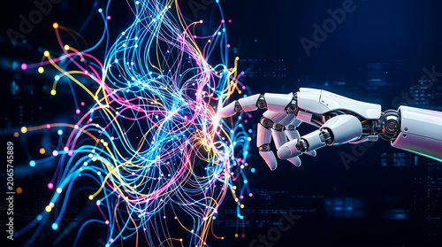Robotic hand interacting with colorful glowing data streams on dark background artificial