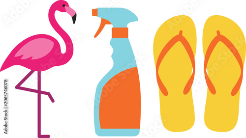 Fotografie Summer vacation essentials collection featuring flamingo spray bottle and flip f
