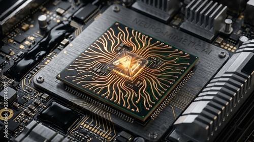Close up of advanced neuro mimetic AI processor chip on complex electronic circuit board, symbolizing artificial intelligence and futuristic technology innovation, data processing.