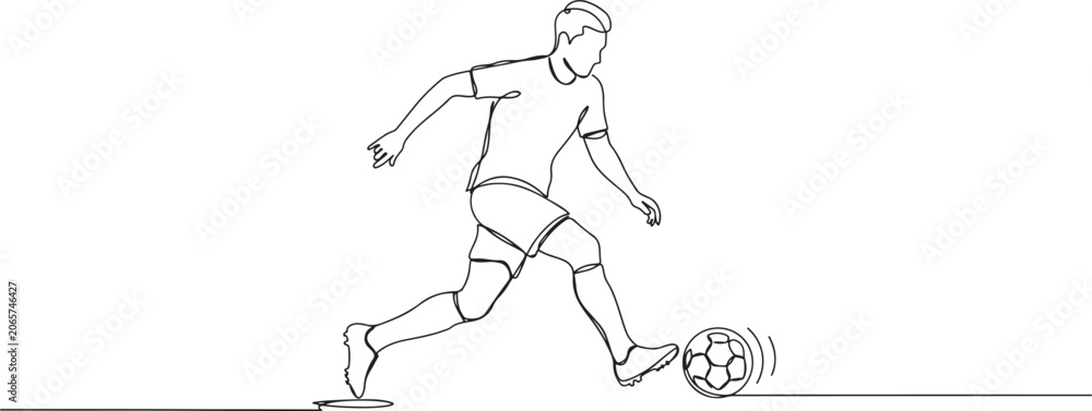 Fototapeta premium Football, soccer player with ball one line art. Continuous line drawing game, sport, soccer ball, activity, training, running, cleats. one line Icon drawing