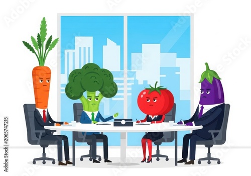 Vegetable business meeting with carrot, broccoli, tomato and eggplant characters