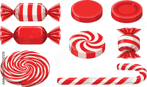 Obraz na płótnie Red and white peppermint candy vector set featuring lollipops candy canes and wr
