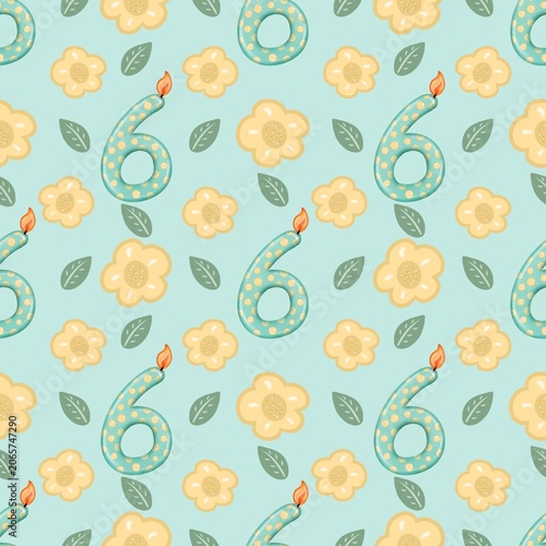 Seamless pattern of Birthday candle numbers and decor flower pastel color style cute, Hand drawn watercolor illustration. For menus, labels, paper, textiles and seasonal fabric.  