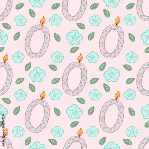 Seamless pattern of Birthday candle numbers and decor flower pastel color style cute, Hand drawn watercolor illustration. For menus, labels, paper, textiles and seasonal fabric.  
