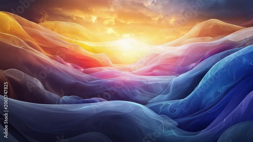 Vibrant abstract flowing waves display rich colorful gradient across surreal landscape under dramatic golden light, symbolizing harmony.