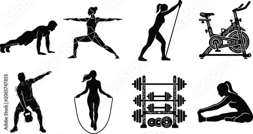 Schilderij op canvas Black and white silhouette icons of people doing fitness workouts, practicing yo