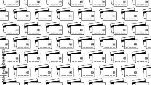 Repeatable seamless pattern featuring minimal line art style credit and debit payment cards on a transparent background for e-commerce, banking websites, fintech branding, or digital payment concepts.